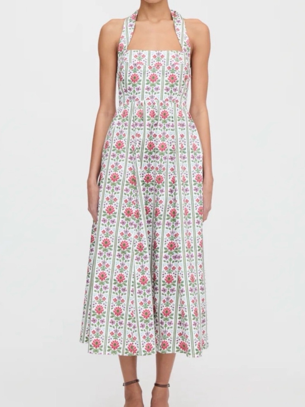 Hill House Floral Halter Midi Dress in White and Pink
